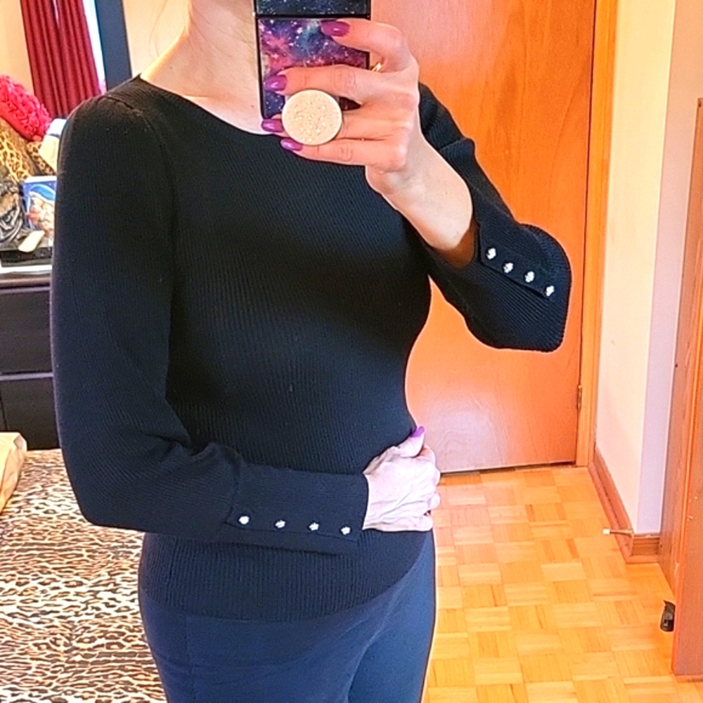 NWOT Catherine Malandrino Chic Black Sweater with Rhinestone Button Accents, S